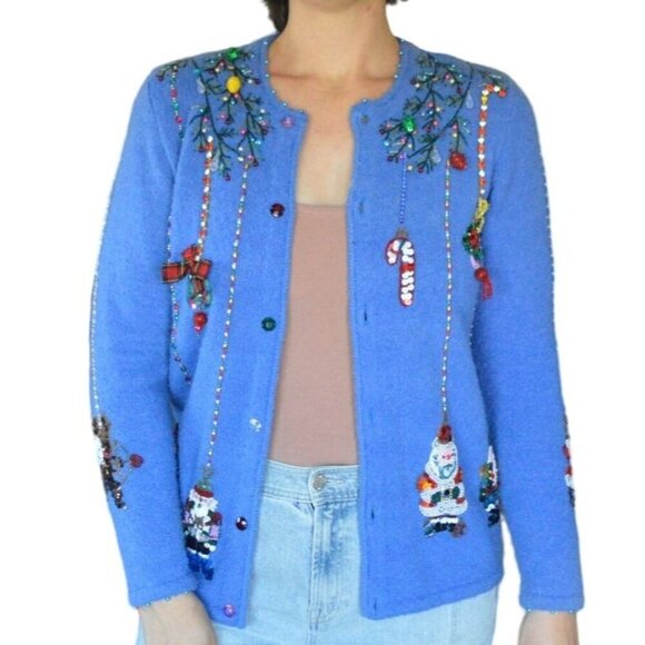 Vintage Berer By Takako Sakon 90s 3D Sequin Wool Blend Blue Holiday Cardigan Wom - Picture 1 of 16